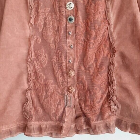 ELISA CAVALETTI Italy Button Down Boho Lace Ruffle Blouse Rust Red Sz M - Picture 4 of 10